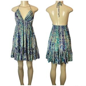 Zury Silk Blend Paisley Dress Halter Tiered Flowy Green Blue Ruffle Boho Fairy